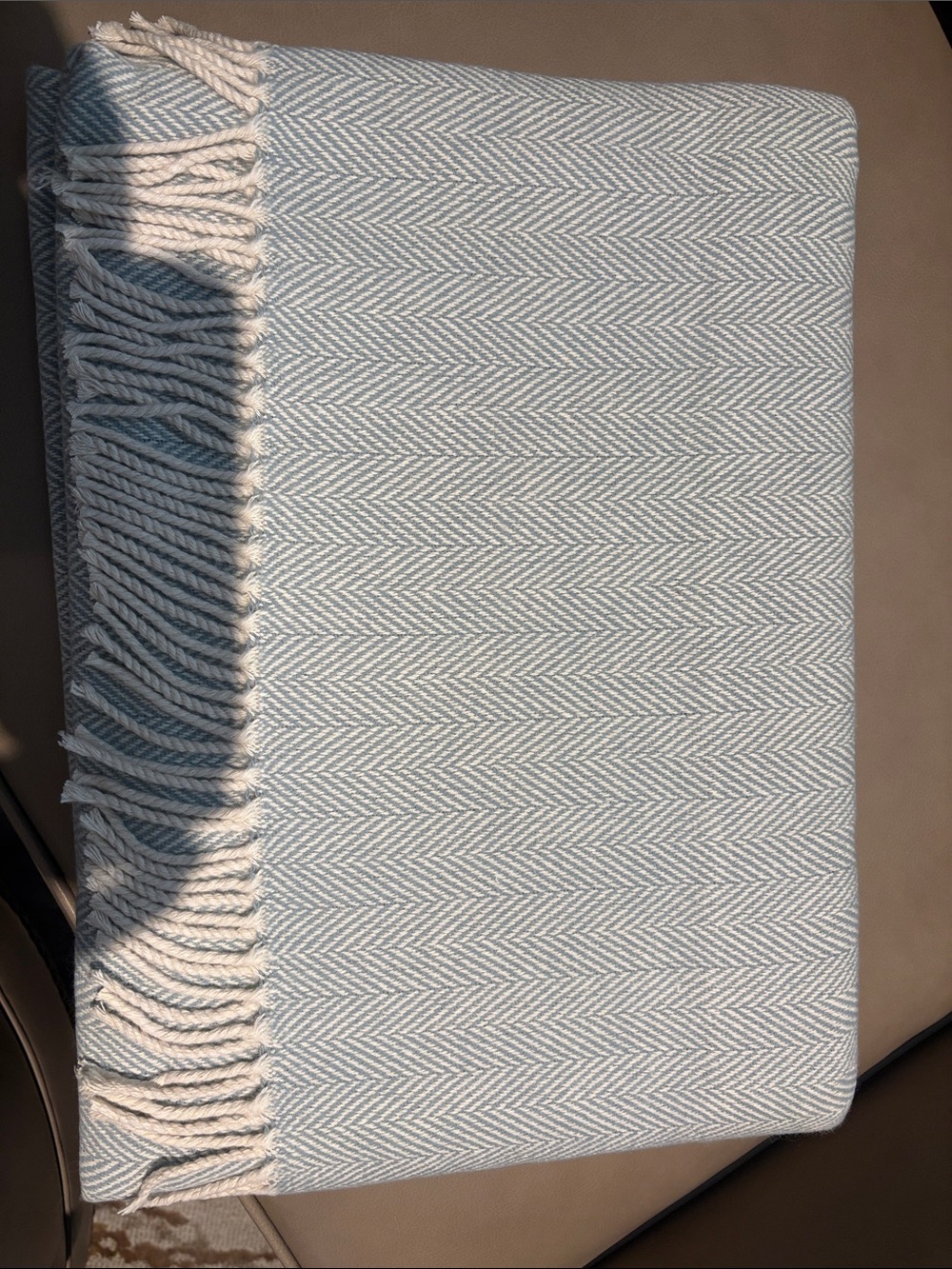 SFERRA Pale Blue and Cream Herringbone Throw with Twisted Fringe